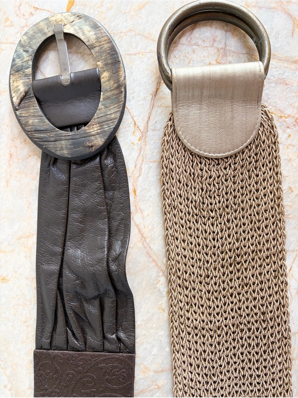 2 Vintage Suzi Roher Brown Leather / Horn & Burnished Gold Cord Belts M
